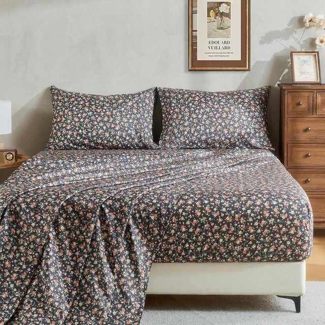 HYPREST Floral Sheets Sets Queen Size, Soft Breathable Farmhouse 4pcs Bed Sheet Sets,18 inches deep Pocket Sheets