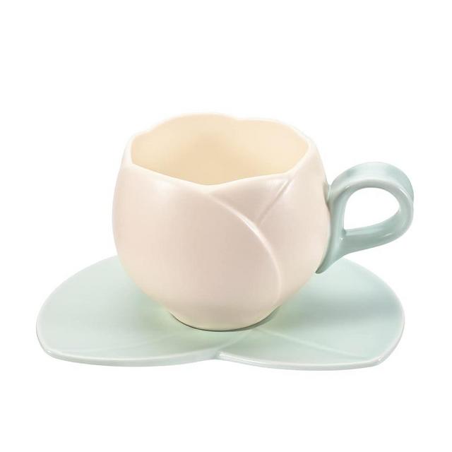 Koythin Ceramic Coffee Mug with Saucer Set, Creative Tulip Cup Unique Irregular Design for Office and Home, Dishwasher and Microwave Safe, Cute Cup for Latte Tea Milk (9.5oz, Beige)
