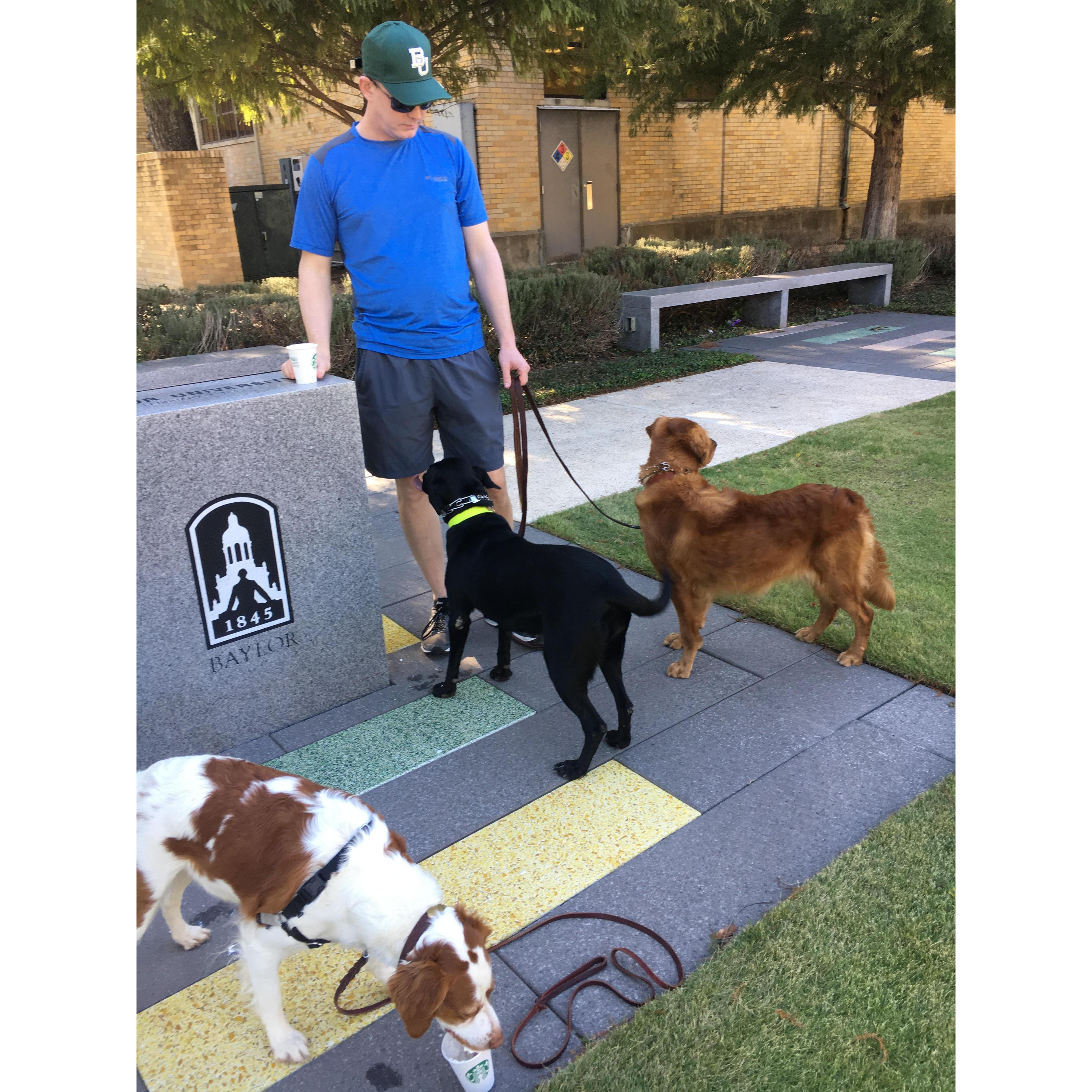Patrick at Baylor with the dogs for a Starbucks Stop