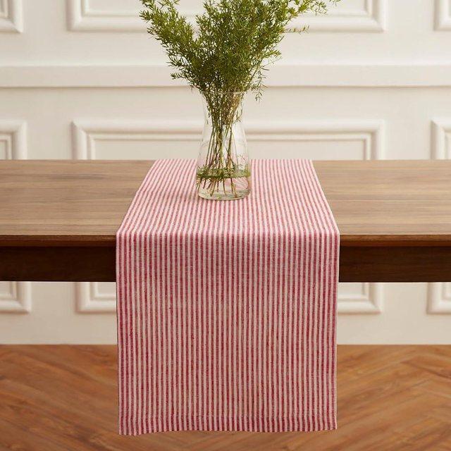 Solino Home Linen Table Runner 14 x 108 Inch Long – 100% Pure Linen Red and White Table Runner for Thanksgiving, Christmas – Handcrafted from European Flax and Machine Washable – Narrow Stripe