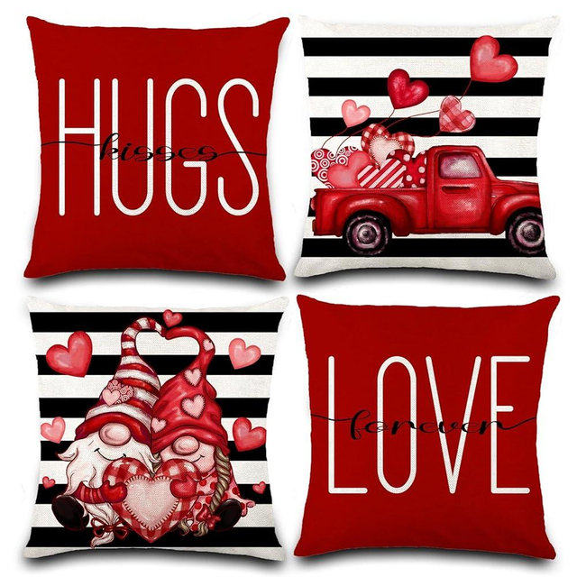 DIYDEC 4 Pcs Valentines Pillow Covers 18x18 Inches Red Dwarfs Truck Valentines Decorative Pillows Stripe Valentines Wedding Anniversary Holiday Home Throw Pillow Cases Decoration for Sofa Couch