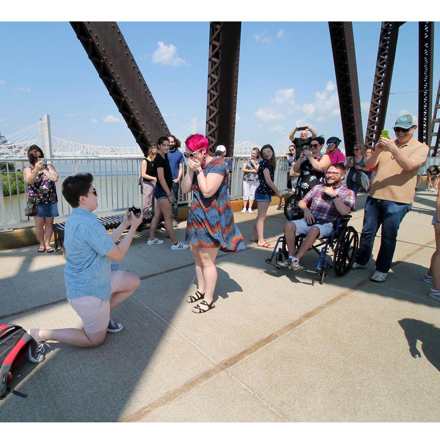 Charlotte proposing to Rebecca on the Big Four Bridge after a surprise flash mob, surrounded by our friends.