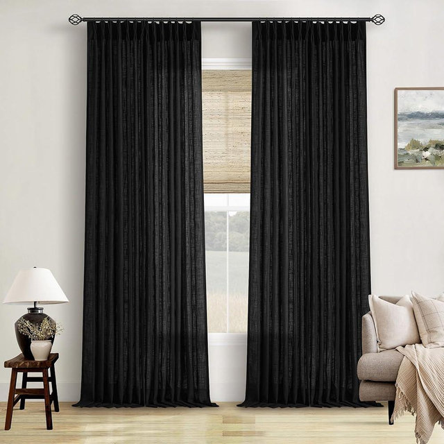 TWODRAPES Black Linen Semi Sheer Curtains 90 Inches Long for Living Room Bedroom Light Filtering Black Textured Burlap Pinch Pleated Curtains 90 Length Hooks Rings Back Tab for Sliding Door 2 Panels