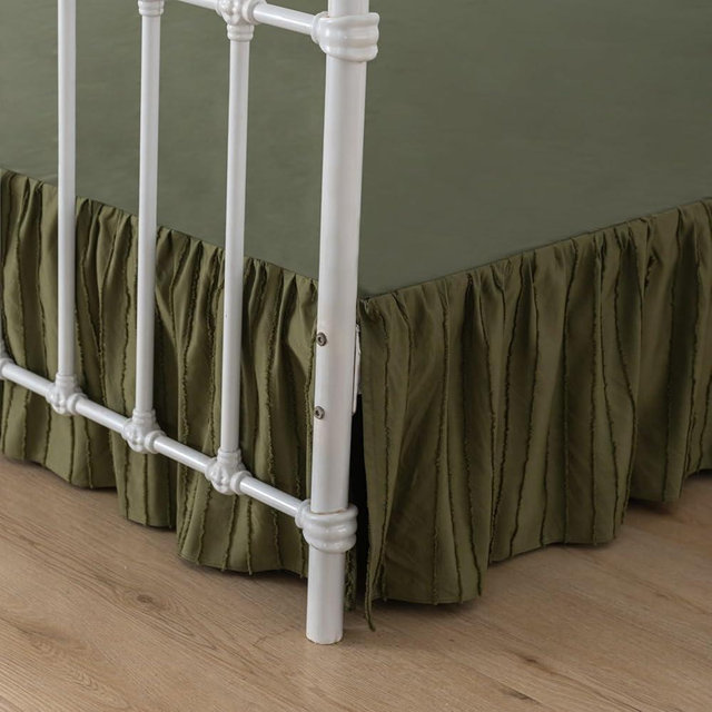 Bed Skirt Queen Size Ruffled Bed Skirt with Split Corners, 14 Inch Drop Dust Ruffle Bed Skirts with Platform, Tufted Boho Bed Skirting, Striped, Green, 14" Queen
