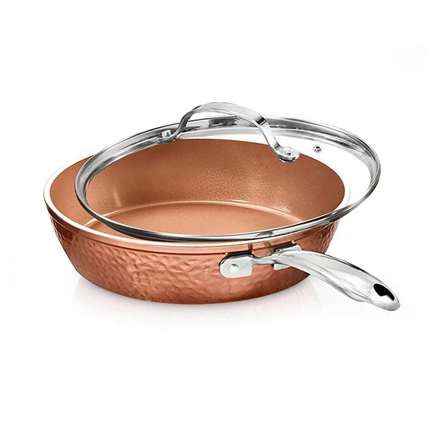 Gotham Steel 12” Nonstick Fry Pan with Lid – Hammered Copper Collection, Premium Aluminum Cookware with Stainless Steel Handles, Induction Plate for Even Heating, Dishwasher & Oven Safe