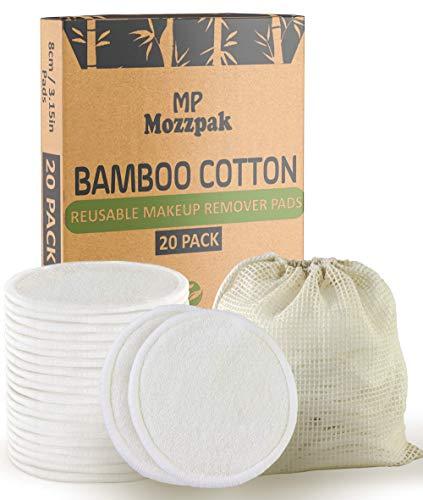 MP Mozzpak 20 Pack Organic Reusable Makeup Remover Pads | Natural Bamboo Cotton Rounds with Laundry Bag | Eco-friendly Face Cleansing Wipes for All Skin Types