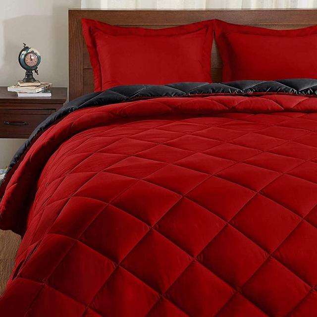 Basic Beyond Down Alternative Comforter Set (Queen, Black/Red) - Reversible Bed Comforter with 2 Pillow Shams for All Seasons