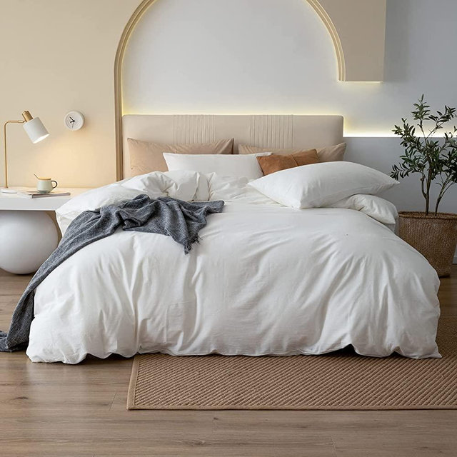 JIYUAN 100% Washed Cotton Duvet Cover Set Comfy Simple Style Solid Color Soft Breathable Textured Durable Linen Feel Bedding Sets for All Seasons Cal King Size, Off White