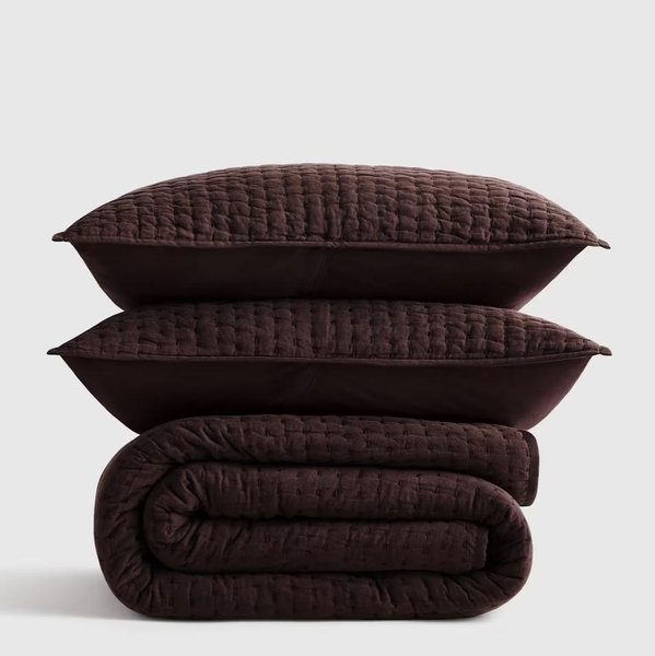 European Linen Cotton Stitch Quilt Set in Espresso