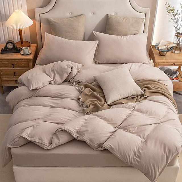 PURE ERA Jersey Knit Duvet Cover Set 100% T-Shirt Cotton Super Soft Comfy, Solid Tan King, with Zipper Closure (3pc Bedding Set, 1 Comforter Cover + 2 Pillow Shams)