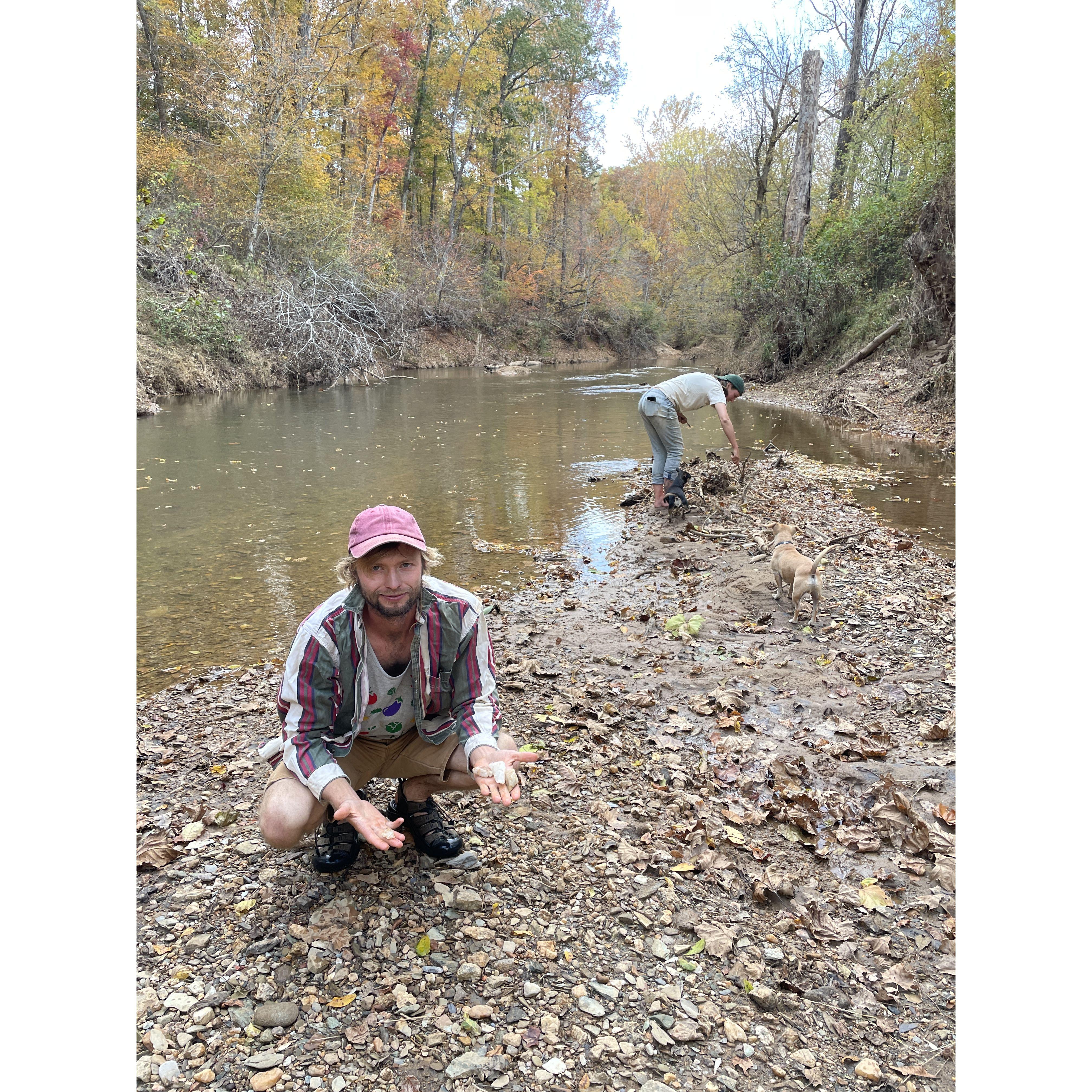 Looking for arrowheads along the Hardware River at Bellair Farm
