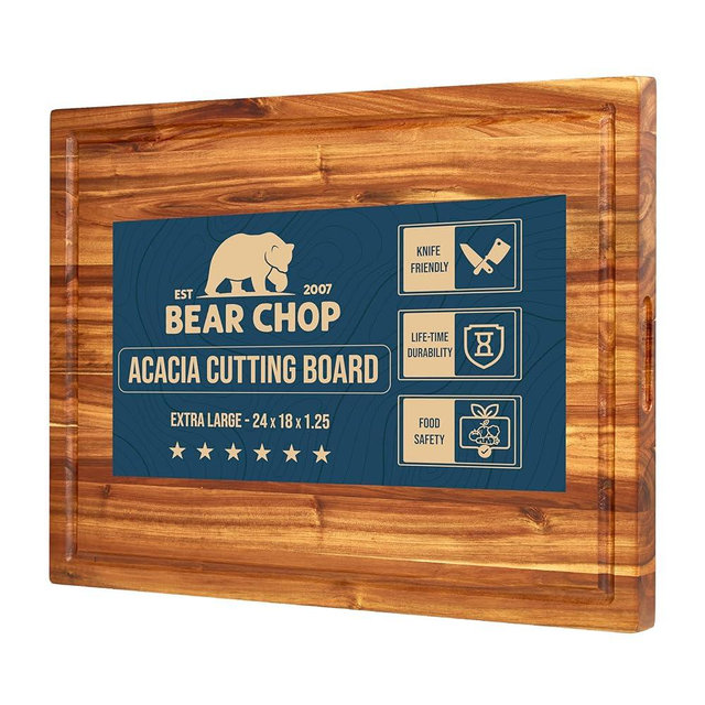 Bearchop Acacia Wood Cutting Boards for Kitchen, [24" x 18" x 1.25"] Extra Large Edge Grain Cutting Boards, Solid Acacia Wood Butcher Block Cutting Board with Deep Juice Grooves and Handle