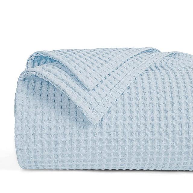 PHF 100% Cotton Waffle Weave Blanket Queen Size 90" x 90" -Lightweight Washed Soft Breathable Blanket for All Season - Perfect Blanket Layer for Couch Bed Sofa - Sky Blue