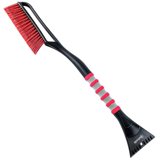 AstroAI 27”Snow Brush and Detachable Ice Scraper with Ergonomic Foam Grip for Cars, Trucks, SUVs (Heavy Duty ABS, PVC Brush, Red)