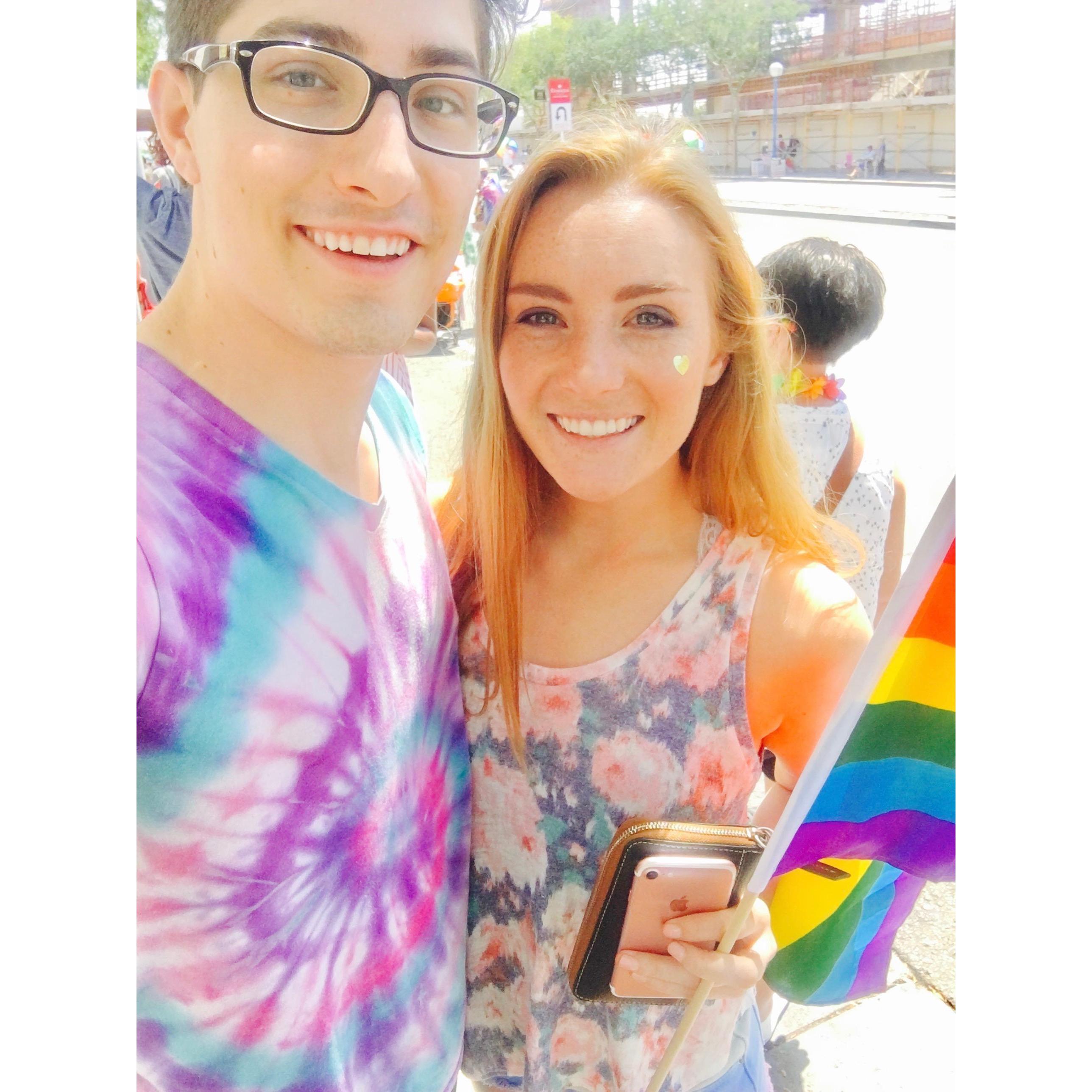 Aaron gleefully wearing Sarah's shirt at an LA PRIDE event