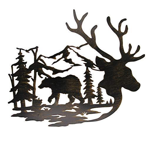 Juegoal Metal Wall Art- Deer & Bear in The Forest Pine Tree Wall Decor Hanging for Living Room, Bedroom, Bathroom Indoor Outdoor, 14 x 12 Inches