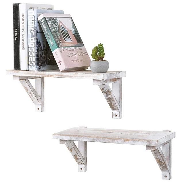 MyGift 16.5 Inch Whitewashed Wood Decorative Wall Mounted Shelves with Wooden Brackets, Set of 2