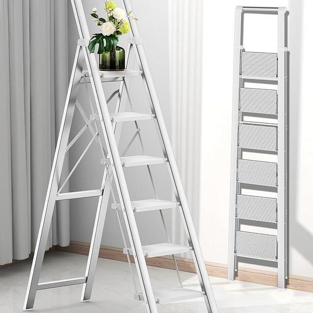 COROCO 6 Step Ladder for 12 Feet High Ceiling, Folding Step Stool with Handgrip and Anti-Slip Wide Pedal, Portable Lightweight Aluminum Stepladder for Kitchen, Home (330 lbs Capacity) - Silver