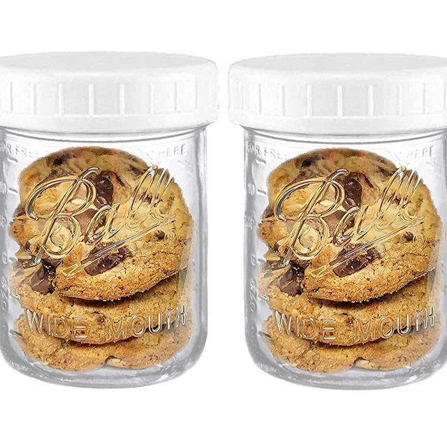 Wide Mouth Mason Jars 16 oz - (2 Pack) - Ball Wide Mouth 16-Ounces Pint Mason Jars with White M.E.M Food Storage Plastic Lids, Caps Fit Ball and Kerr Wide Mouth - For Storage, Freezing, Leak Proof, Microwave & Diswasher Safe