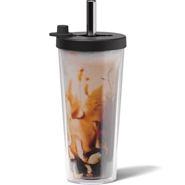 Reusable Boba Cup with Resealable Lid Plug - 17 Oz / 500 ml Double Wall Insulated | Smoothie Tumbler | Wide Stainless Steel Straw For Bubble Tea, Boba Pearls - Night Black