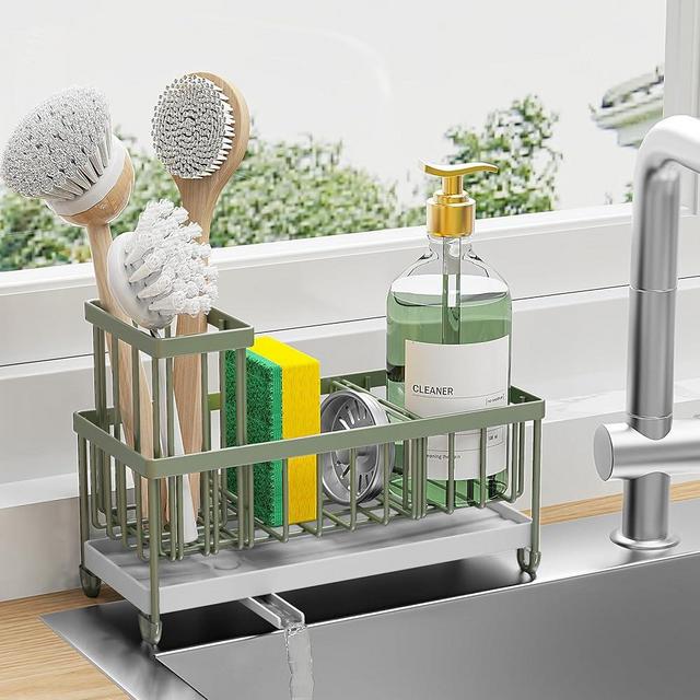 Cisily Sponge Holder for Kitchen Sink, Sink Caddy with High Brush Holder, Organzier Rustproof 304 Stainless Steel Dish Organizer Divider, Soap Dispenser Storage(Sage Green)