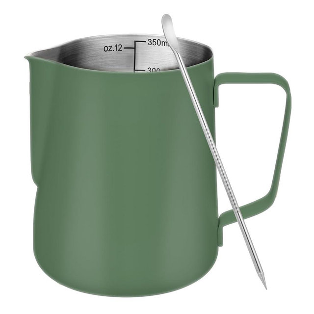 Amrules Milk Frothing Pitcher, 12 oz Milk Frother Cup with Clear Scale, 304 Stainless Steel Cappuccino Espresso Machine Accessories for Barista Coffee Bar with Latte Art Pen, Green