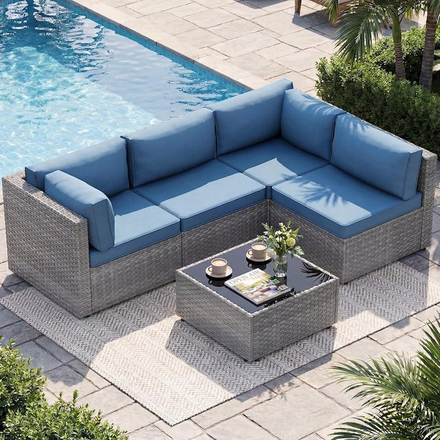 5 Piece Outdoor Patio Furniture Set,Silver PE Rattan Wicker Sectional Sofa, All Weather Conversation Set with Washable Cushions & Glass Coffee Table for Backyard Poolside Garden Porch,Navy Blue