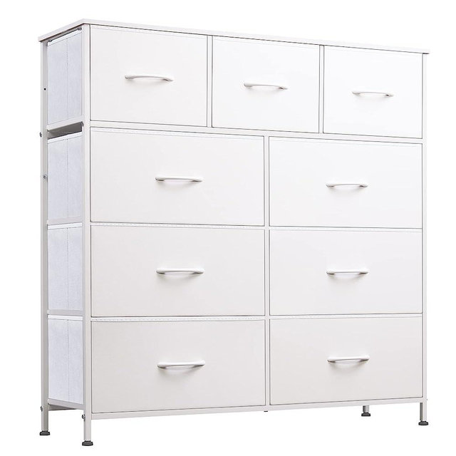 WLIVE Fabric Dresser for Bedroom with 9 Drawers, Tall Chest of Drawers, Storage Tower, Organizer Unit with Fabric Bin, Steel Frame, Wood Top for Nursery, Closets, White