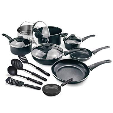 GreenLife CC001922-001 Soft Grip 16 Piece Ceramic Non-Stick Cookware Set, Black