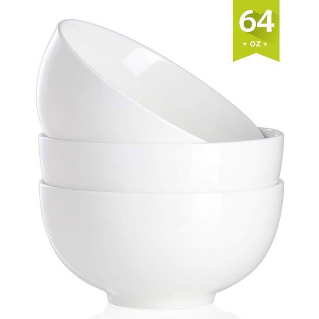 Malacasa 64-Ounce Porcelain Big Bowl Set 8 Inch Soup Bowls for Rice, Ice Cream, Dessert, Salad, Fruit, Dip, 3 Packs, White