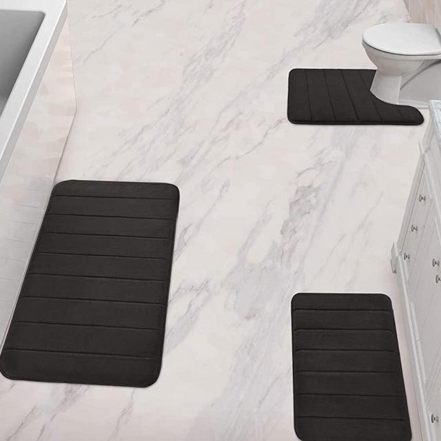 Yimobra 3 Pieces Memory Foam Bath Mat Sets, 31.5 x 19.8 + 17x24 and U-Shaped for Bathroom Rugs, Toilet Mats, Non-Slip, Soft Comfortable, Water Absorption, Machine Washable, Black