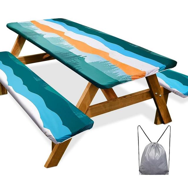 Picnic Table Cover with Bench Covers 3 Pcs Waterproof Windproof Camping Tablecloth with Drawstring Bag, Fitted Rectangle Tables and Seats, 72in, Orange Blue