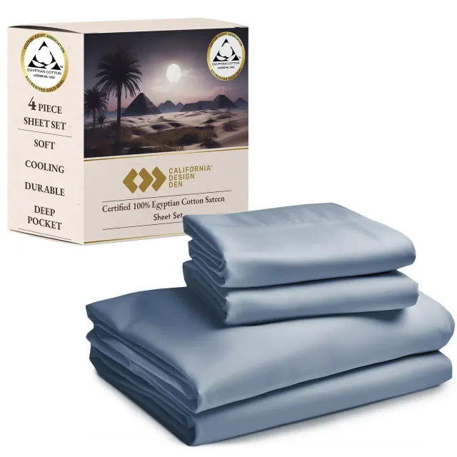 California Design Den Certified 100% Egyptian Cotton Cal King Bed Sheets, Cotton Bed Sheets, 4 Piece Bedding Sheets & Pillowcases Set, Blue Hydrangea