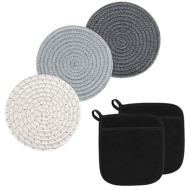 JSK Pot Holders Set Trivets Set 100% Pure Cotton Thread Weave and 100% Cotton Terry Cloth Pocket Mitt Set, Hot Pad Coasters for Farmhouse Decor, Spoon Rest, Hot Pads and Oven Mitts Sets, 5 Pack