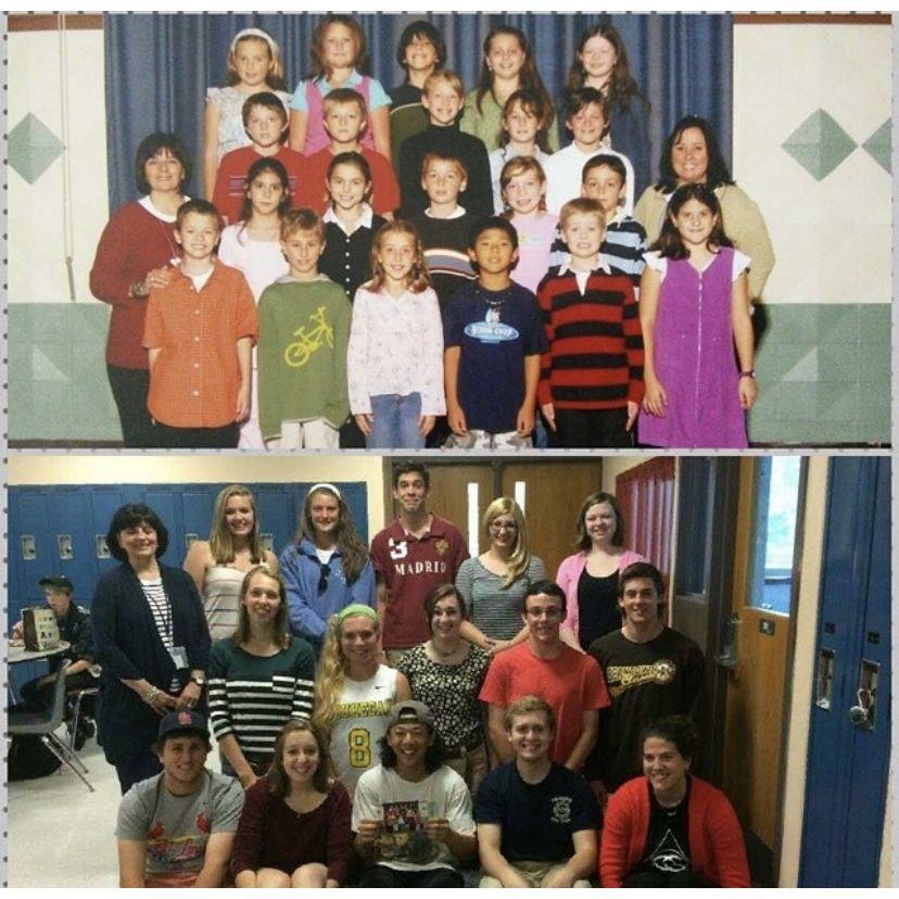 Fourth grade reunion at the end of senior year! Can you find Anthony and Sage in the front row (with Julie too)?
