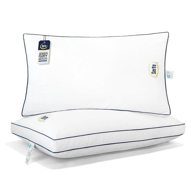 Serta Hotel Collection Bed Pillows King Size Set of 2, 400 Thread Count 100% Cotton Cover, Medium Support Gusseted Down Alternative Pillow for Back, Stomach or Side Sleepers, 18" x 34", White
