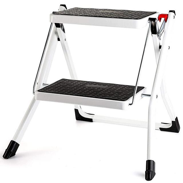 Yarlung 2 Step Stool Stepladder with Handgrip, Folding Mini Steel Step Ladder with Anti-Slip Wide Pedal, Lightweight for for Household and Office, 330Lbs Capacity, White
