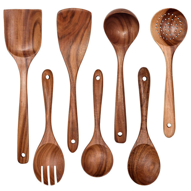 Itopfox Wooden Non-Stick Kitchen Utensil Set - 7-Piece Natural Teak Spatula, Spoon, Salad Fork, and More for Cooking and Serving