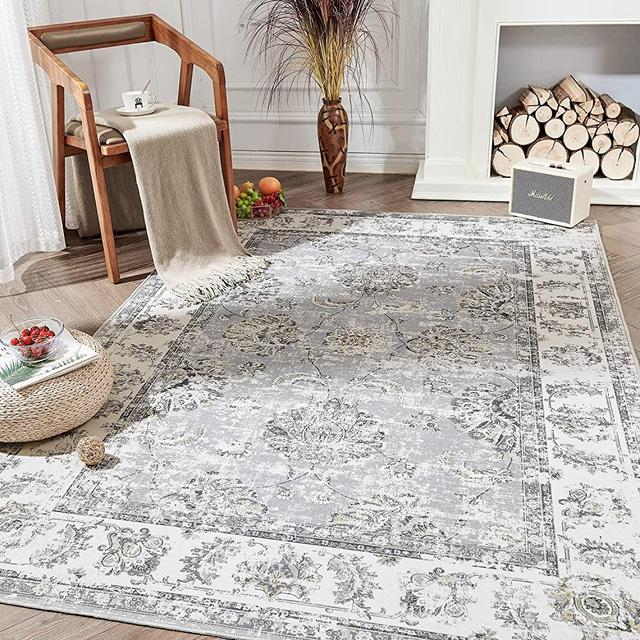 jinchan Area Rug 3x5 Entryway Grey Persian Rug Kitchen Vintage Rug Floral Print Floor Cover Indoor Thin Rug Gray Foldable Mat Retro Accent Rug Bathroom Living Room Bedroom Office Farmhouse