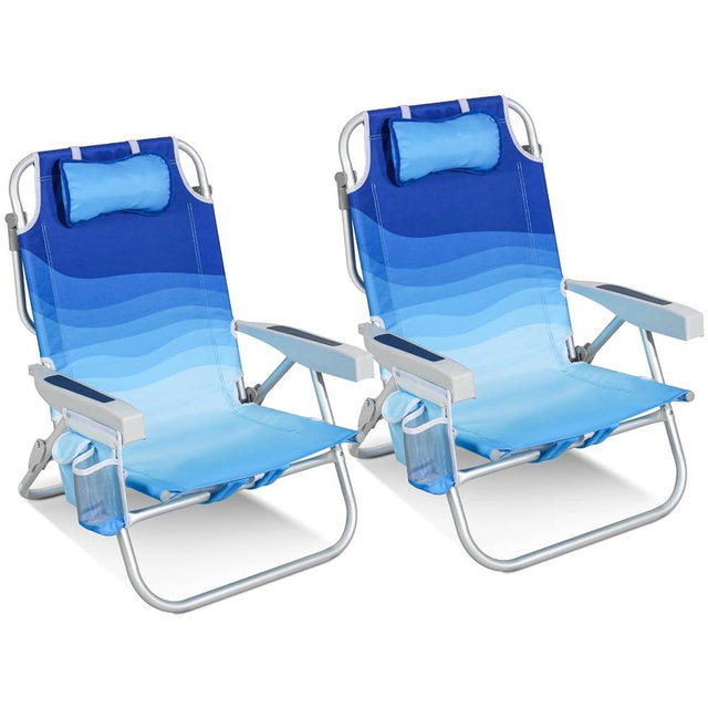 Low Beach Chairs for Adults 2 Pack- 5-Position Reclining Backpack Chair with Large Insulated Cooler & Storage Pocket, Aluminum Frame, Portable for Travel & Outdoor, Supports 300lbs, Wave Blue