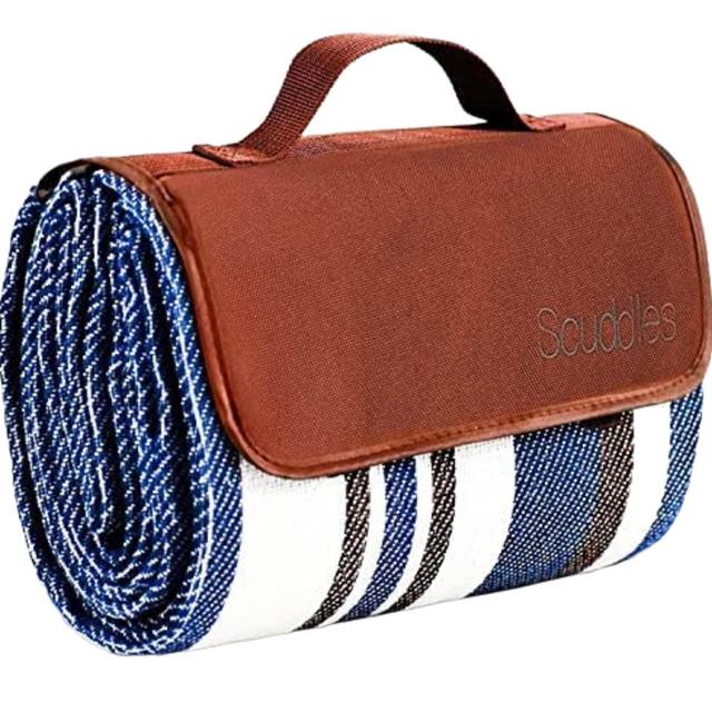 Extra Large Picnic Outdoor Blanket Dual Layers for Outdoor Water-Resistant Handy Mat Tote Spring Summer Blue and White Striped Great for The Beach