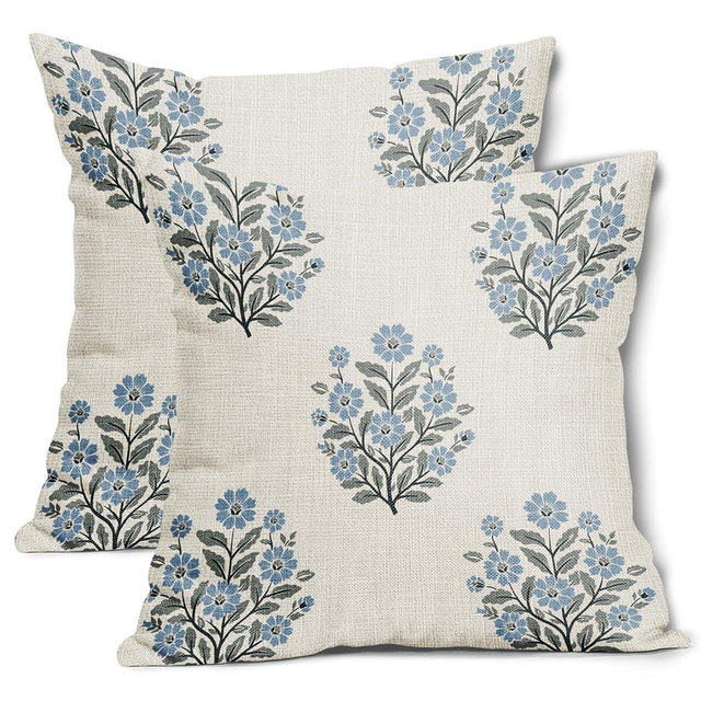 AmplePisce Blue Floral Pillow Covers 22x22 Inch Set of 2 Flower Block Print Cotton Linen Decorative Throw Pillow Case Grandmillennial Cushion Covers for Bedroom Sofa Living Room Chair