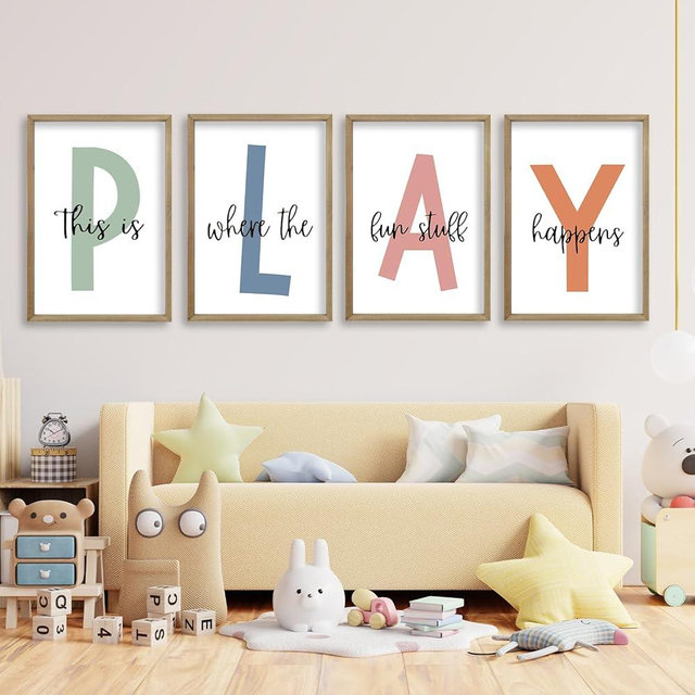 This Is Where The Fun Stuff Happens Kids Playroom Wall Art 11x16 Inch Set Of 4 Rustic Kids Wood Framed Boy Sign Toddler Modren Nursery Interesting Let's Play Prints Wall Hang Decor (Wood)