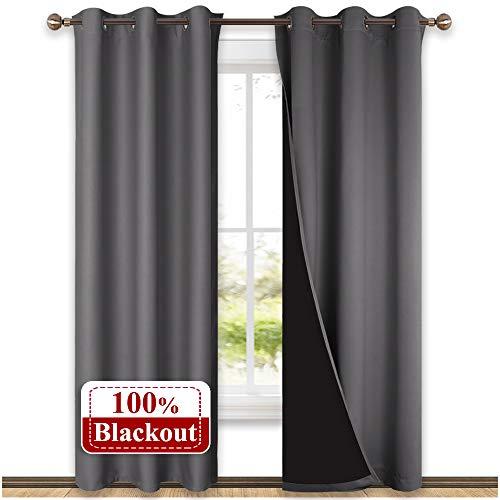NICETOWN Grey Full Shade Curtain Panels, Pair of Thermal Insulated & Energy Efficiency Blackout Curtains for Living Room Windows, Lined Silky Window Dressing (42-inch Wide x 84-inch Long, Gray)