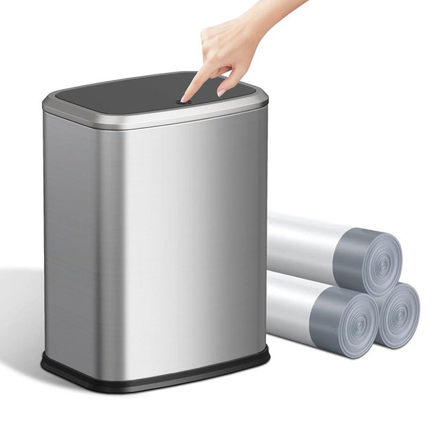 KHMMGK 2.1 Gallon Bathroom Trash Can with Lid Press Top, 8 Liter Stainless Steel Garbage Can with Press Type Lid, Slim Trash Bin Waste Basket for Toilet, Office, Bedroom, Living Room (Silver)