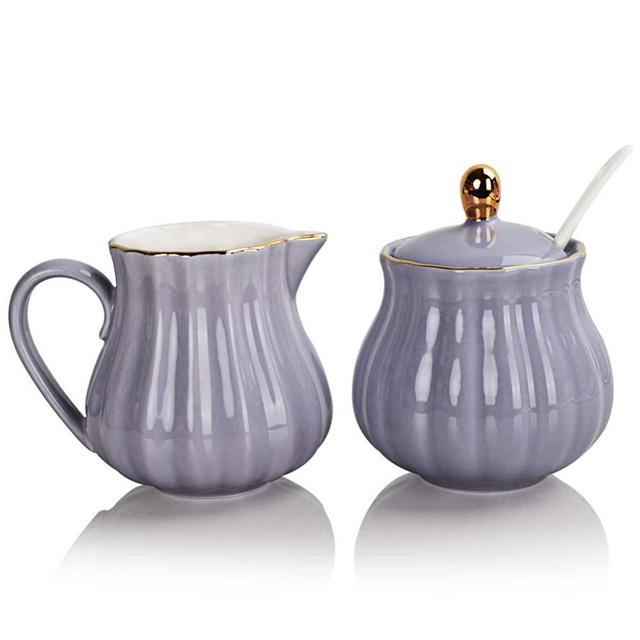 SWEEJAR Royal Ceramic Sugar and Creamer Set, 3 Piece Set with Cream Pitcher, Sugar Bowl, Sugar Set with Lid & Spoon, Coffee Serving Set Wedding Gift(Purple)