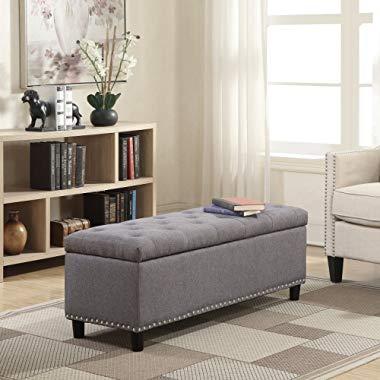 BELLEZE 48" Rectangular Gray Storage Fabric Ottoman Bench Tufted Footrest Lift Top