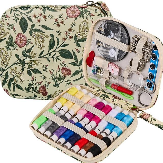 Arts Craft Printing Sewing Kit Floral Pattern Small Sewing Set,Professional Travel Sewing Kit with 18 Colors Sewing Thread, Basic Sewing Supplies Accessory for Emergency, Home Beginners