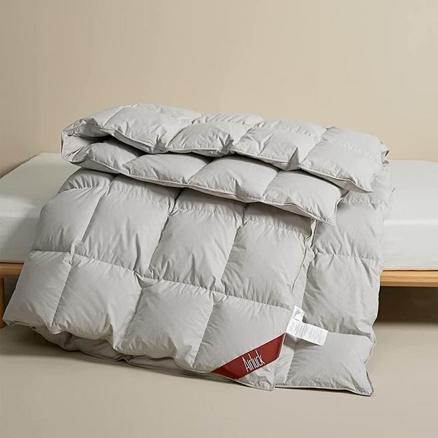 Airluck Luxury Feather Down Comforter Queen/Full Size, Medium Warm All Seasons Duvet Insert Filling with 50oz Greyduck Feather and Down,Ultra-Soft Down Proof Cotton Cover (Frost Gray)