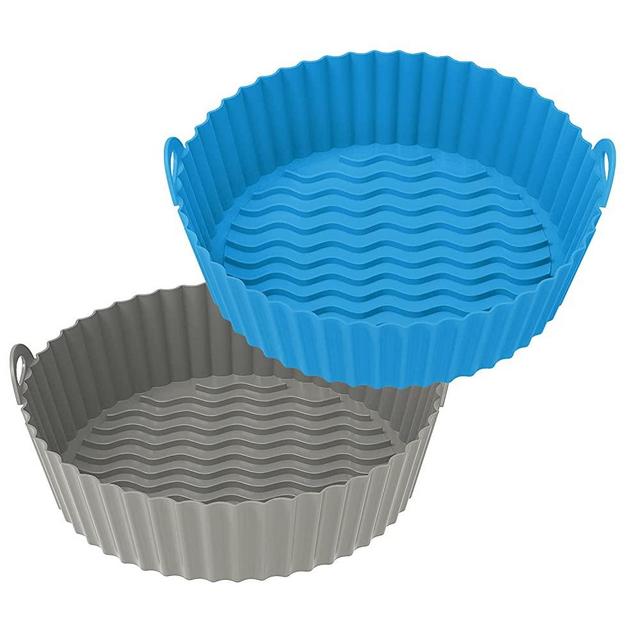OUTXE 2 Pack Air Fryer Silicone Baking Tray 7.5inch for 3 to 5 Qt Reusable Air Fryer Round Silicone Insert for Air Fryer Easy Cleaning Silicone Pot for Oven Accessories (Blue+Grey)